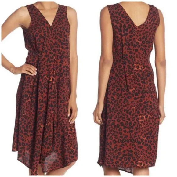 BEACH LUNCH LOUNGE Anais Midi Dress Rumba Red Leopard Animal Print Sz L - Picture 1 of 7